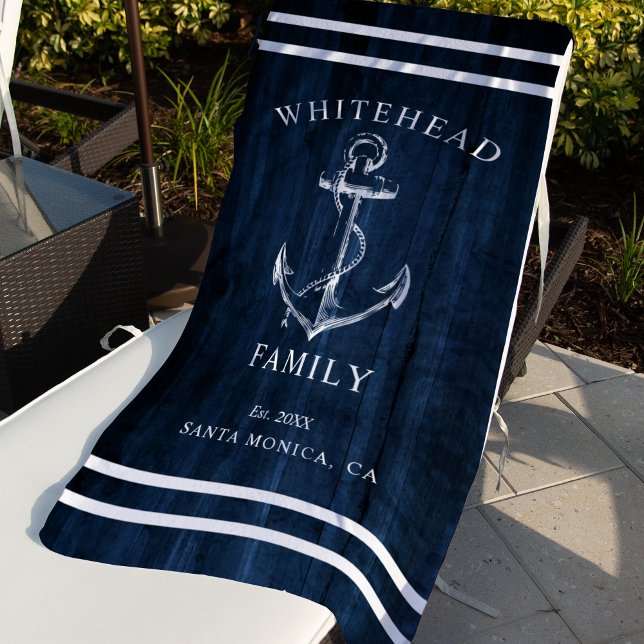 Nautical Navy Blue Wood Custom Family Anchor Beach Towel (Nautical anchor custom family vacation towel. Personalize each towel with your details.)