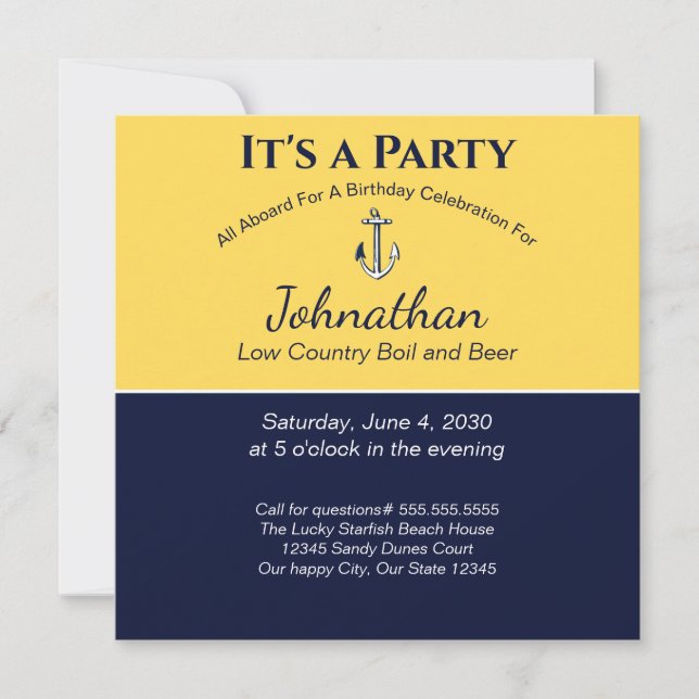 Nautical Navy Blue Yellow Anchor Birthday Party Card (Front)
