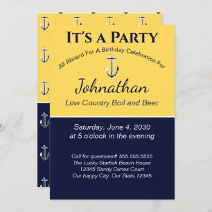Nautical Navy Blue Yellow Anchor Birthday Party Invitation