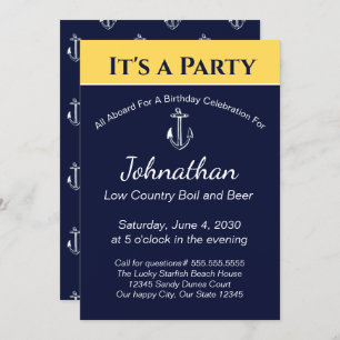 Nautical Navy Blue Yellow Anchor Birthday Party Invitation