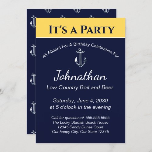 Nautical Navy Blue Yellow Anchor Birthday Party Invitation