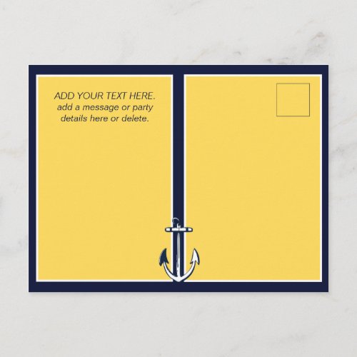 Nautical Navy Blue Yellow Anchor Birthday Party Postcard