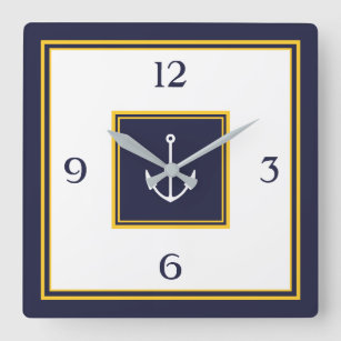 Nautical Navy Blue Yellow Anchor Square Wall Clock
