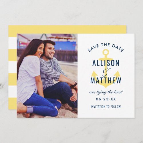 Nautical Navy Blue Yellow Anchor Wedding Photo Save The Date