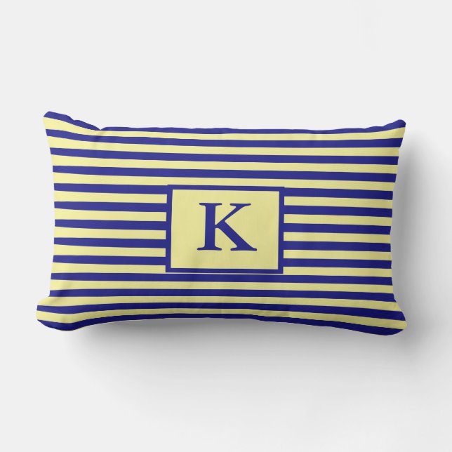 Nautical Navy Blue Yellow Monograms Stripes Cute Lumbar Pillow (Front)