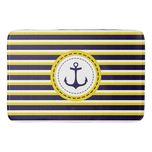 Nautical Navy Blue Yellow Stripes Anchor Design Bathroom Mat (Front)