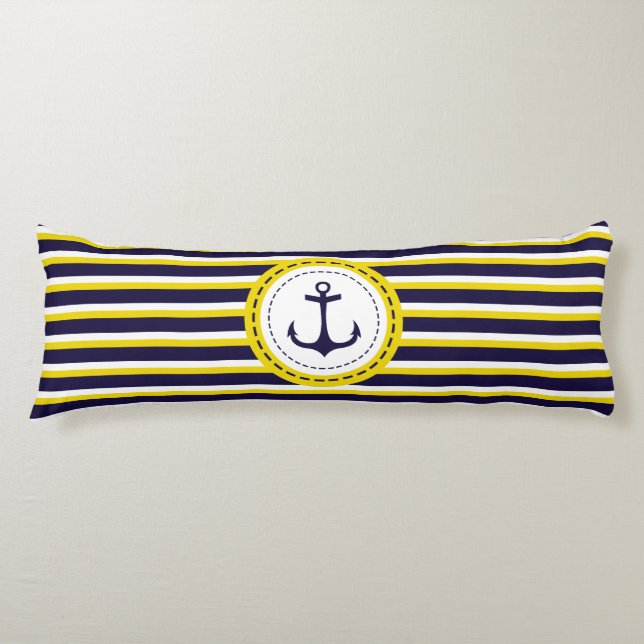 Nautical Navy Blue Yellow Stripes Anchor Design Body Pillow (Front)