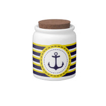 Nautical Navy Blue Yellow Stripes Anchor Design Candy Jar