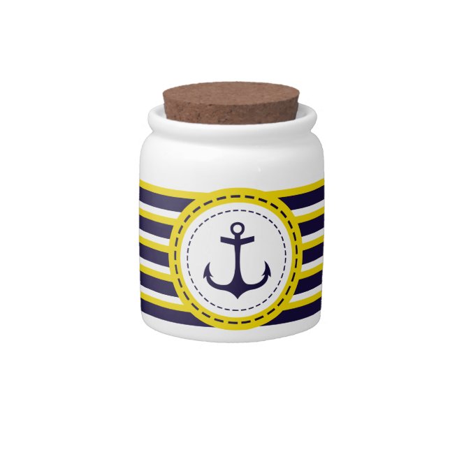 Nautical Navy Blue Yellow Stripes Anchor Design Candy Jar (Front)