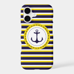 Nautical Navy Blue Yellow Stripes Anchor Design iPhone 17 Case