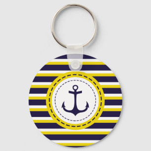 Nautical Navy Blue Yellow Stripes Anchor Design Keychain