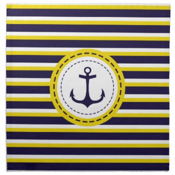 Nautical Navy Blue Yellow Stripes Anchor Design Napkin by VintageDesignsShop at Zazzle