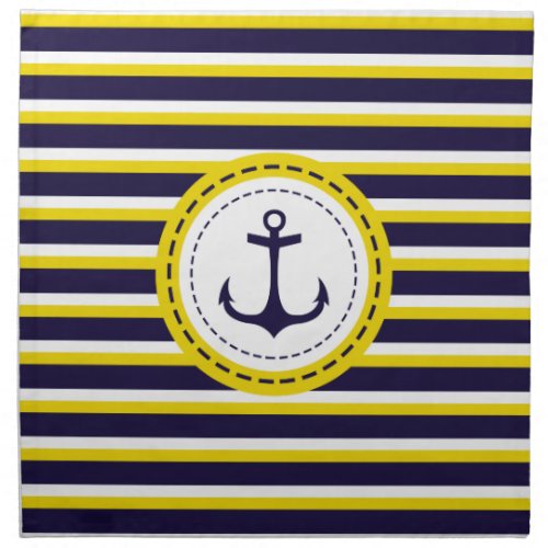 Nautical Navy Blue Yellow Stripes Anchor Design Napkin