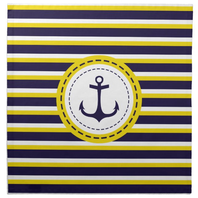 Nautical Navy Blue Yellow Stripes Anchor Design Napkin (Front)