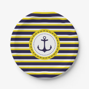Nautical Navy Blue Yellow Stripes Anchor Design Paper Plates