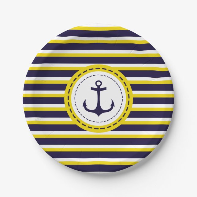 Nautical Navy Blue Yellow Stripes Anchor Design Paper Plates (Front)