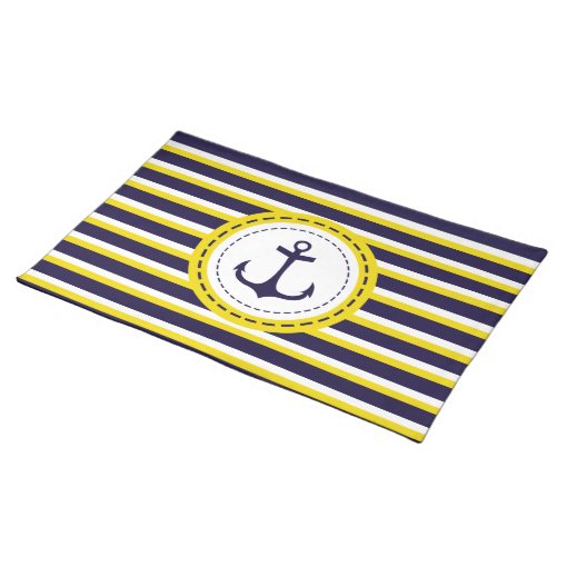 Nautical Navy Blue Yellow Stripes Anchor Design Placemat | Zazzle