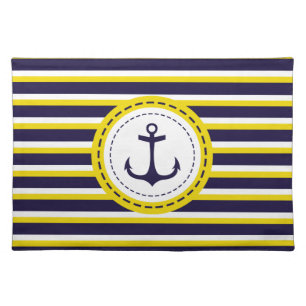 Nautical Navy Blue Yellow Stripes Anchor Design Placemat