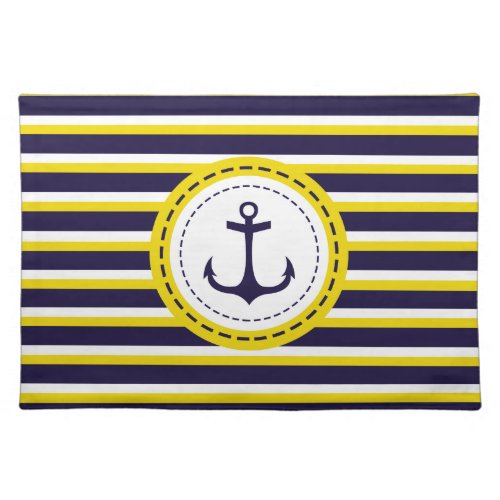 Nautical Navy Blue Yellow Stripes Anchor Design Placemat