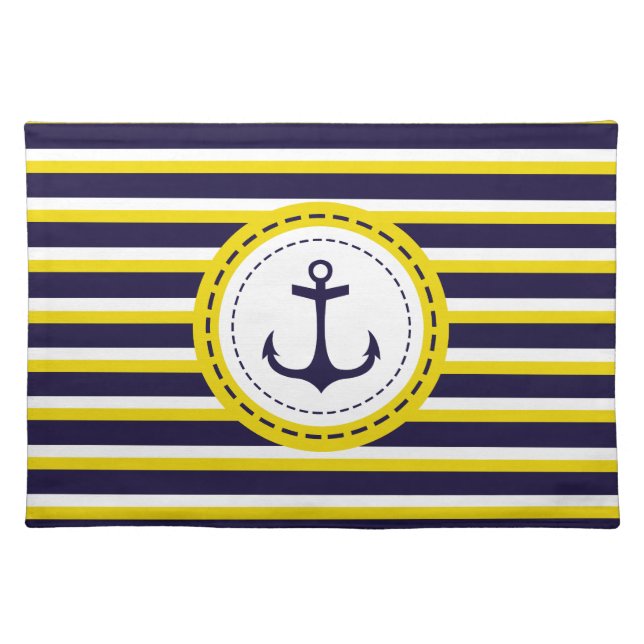 Nautical Navy Blue Yellow Stripes Anchor Design Placemat (Front)
