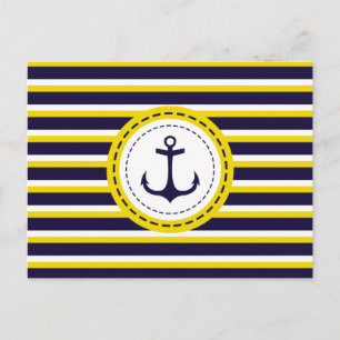 Nautical Navy Blue Yellow Stripes Anchor Design Postcard