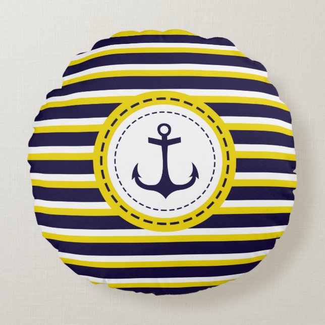 Nautical Navy Blue Yellow Stripes Anchor Design Round Pillow (Front)