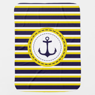 Nautical Navy Blue Yellow Stripes Anchor Design Stroller Blanket