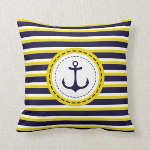 Nautical Navy Blue Yellow Stripes Anchor Design Throw Pillow