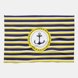 Nautical Navy Blue Yellow Stripes Anchor Design Towel