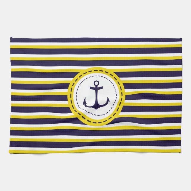 Nautical Navy Blue Yellow Stripes Anchor Design Towel (Horizontal)