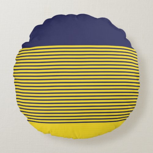 Nautical Navy Blue Yellow Stripes Round Pillow