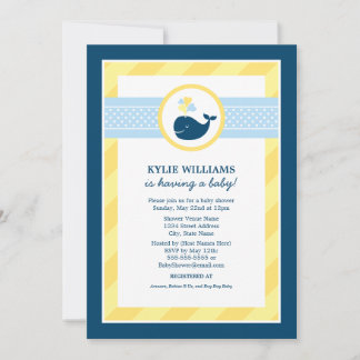 Nautical Navy Blue Yellow Whale Boy Baby Shower Invitation