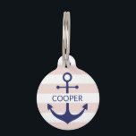 Nautical navy blush pink stripes custom name info pet ID tag<br><div class="desc">Nautical anchor dark navy blue,  blush pink and white stripes pattern custom name contact info cute modern dog / cat  Pet ID tag.</div>