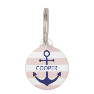 Nautical navy blush pink stripes custom name info pet ID tag