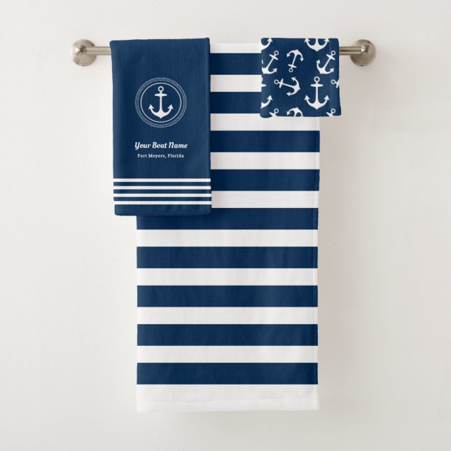 Nautical Navy Boat Name Anchor Stripe Bath Towel Set (Insitu)