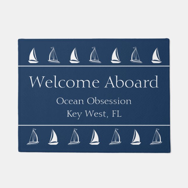 Nautical Navy Boat Name Welcome Mat with Sailboats (Front)