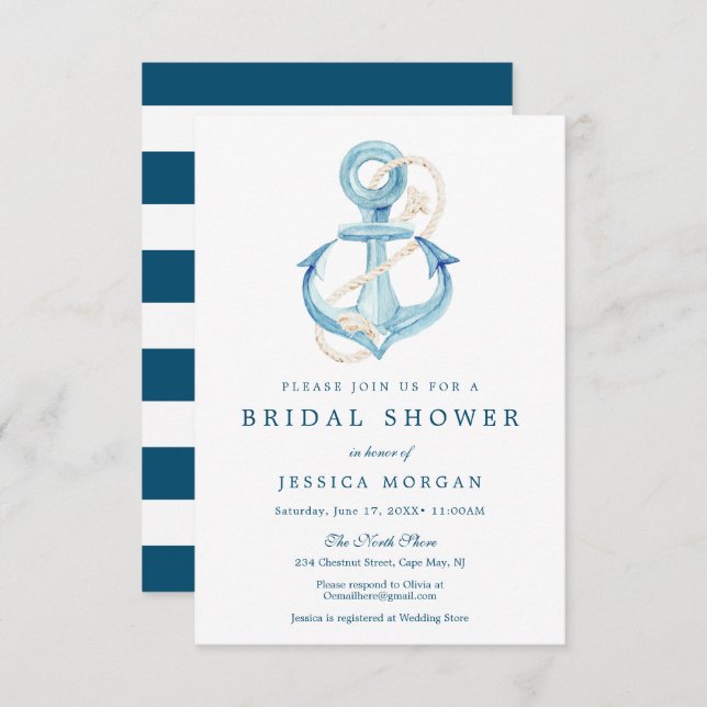 Nautical Navy Bridal Shower Invitation Card (Front/Back)