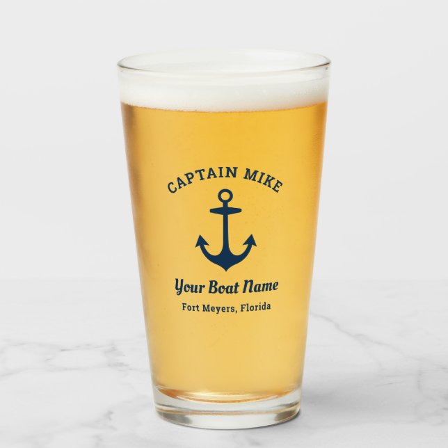 Nautical Navy Captain Boat Name Custom Glass (Front Filled)
