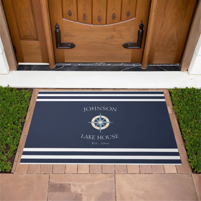 Nautical Navy Compass Lake House Doormat (Outdoor)