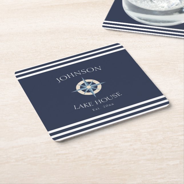 Nautical Navy Compass Stripe Lake House Square Paper Coaster (Angled)