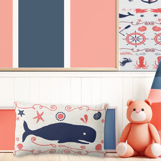 Nautical Navy Coral Boy Nursery Whales & Seashells Lumbar Pillow