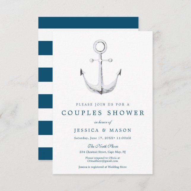 Nautical Navy Couples Shower Invitation Card (Front/Back)