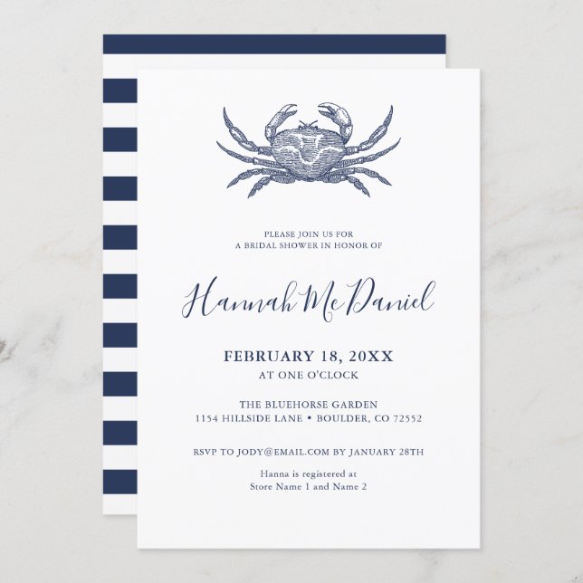 Nautical Navy Crab Bridal Shower Invitation Card (Front/Back)