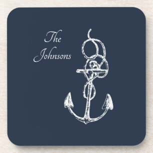 Nautical Navy Custom Family Name Anchor Beverage Coaster