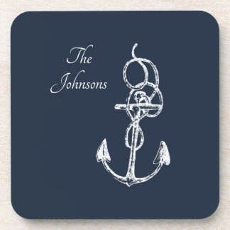 Nautical Navy Custom Family Name Anchor Beverage Coaster