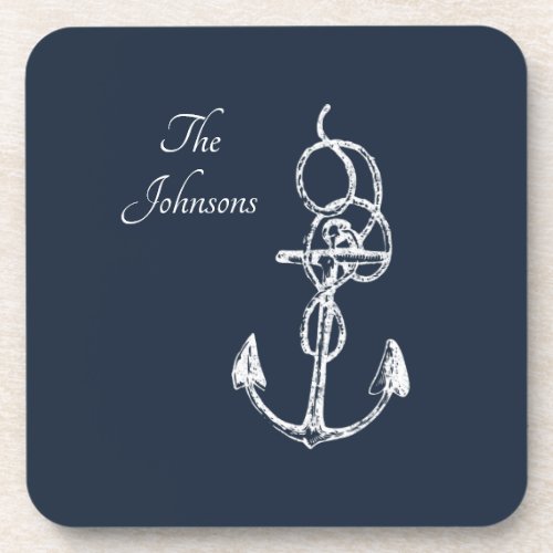 Nautical Navy Custom Family Name Anchor Beverage Coaster