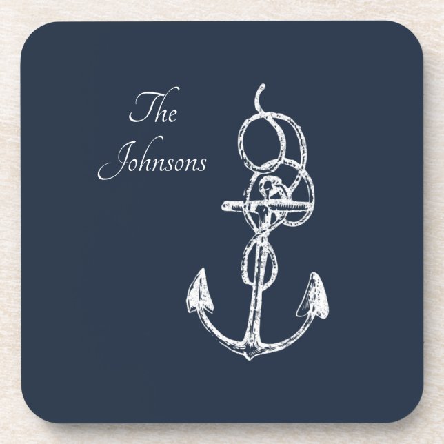Nautical Navy Custom Family Name Anchor Beverage Coaster (Front)