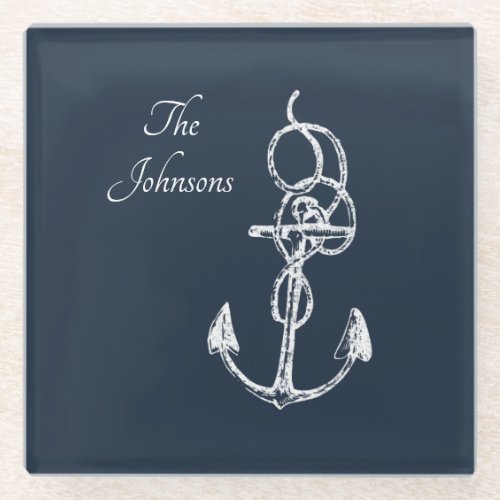 Nautical Navy Custom Family Name Anchor  Glass Coaster