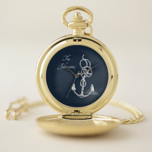 Nautical Navy Custom Family Name Anchor Pocket Watch