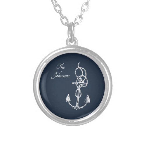Nautical Navy Custom Family Name Anchor Silver Plated Necklace